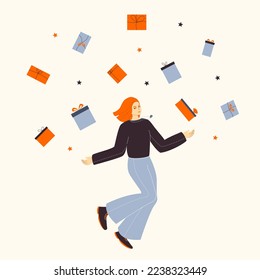 Girl with gifts flying over her head, holiday illustration for websites, prints, cards, stickers
