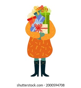 Girl with gifts for holiday or sale. Young Woman Shopping and Carrying Gift Boxes