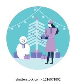 The girl with gifts near the Christmas tree. Winter activity. flat icon design. vector illustration