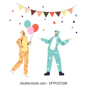 Girl in giraffe kigurumi pajama hold bunch of air balloons greeting man in unicorn jumpsuit with birthday on costume party. Cartoon flat vector illustration