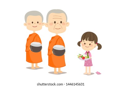 Girl Give Alms Buddhist Monk Vector