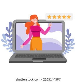 Girl give five star rating feedback on the white background
