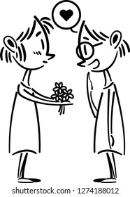 Girl give flowers to girl, Girl give bouquet to her lover, Girl surprise her girlfriend. Lgbt couple. Valentines day.