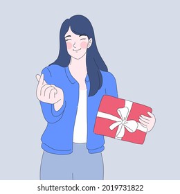 Girl give mini heart cartoon illustration design of vector. Holding gift box.
