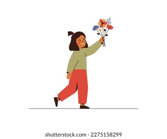 Chica le da ramo de flores de primavera a alguien. Escolar sostiene regalo de flores. El niño presenta una composición floral a la madre o amigo con sonrisa y amor. Ilustración del vector