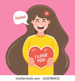 girl gives a card for Valentine's Day. flat character vector illustration