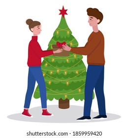 A girl gives a Christmas gift to her boyfriend. On the background of a decorated Christmas tree. They are dressed in warm sweaters, jeans and sneakers. Vector illustration in hand-drawn style.
