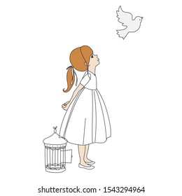 girl gives the dove peace and freedom