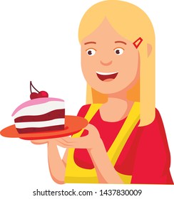 Girl gives and eats cake. Hand drawn style vector doodle design illustrations EPS 10