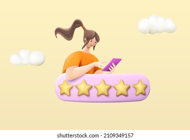 The girl gives a five-star rating and feedback on social networks through a smartphone. Conceptual vector illustration with customer review and rating score in 3d style.