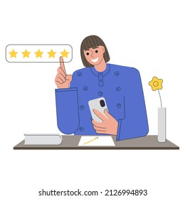 The girl gives it a five-star rating. A young woman gives the app an excellent rating on the Internet. Flat vector illustration on white background. For print, web design.