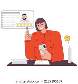 The girl gives it a five-star rating. Young woman manager gives excellent evaluation to employee. Flat vector illustration on white background. For print, web design.