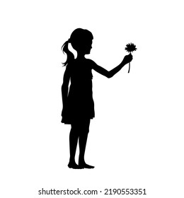 Girl gives flower. Black silhouette of child in dress. Cute kid giving gift for mom. Childhood scene. Vector illustration