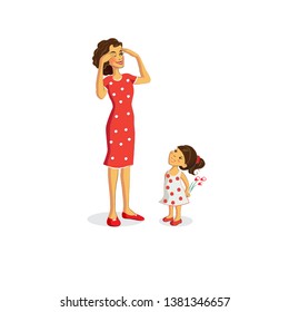 girl gives flowers to her mother. a woman in a red dress covers her eyes with her hands. girl hiding flowers behind her back. greeting card for mom for the holiday.