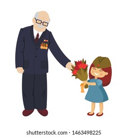 The girl gives flowers to the veteran. May 9. Victory Day. Grandfather and girl, granddaughter. Cartoon vector illustration.