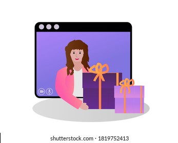 
 The Girl Gives Gifts On Video. Video Conferences, Teleworking, Social Distancing, Business Meetings, Gift Exchange