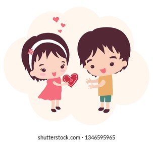 The girl gives the guy a red heart. Vector illustration.