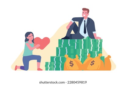 Girl gives her heart to rich man. Declaration of love. Banknotes stacks and money bags. Successful businessman. Woman and millionaire relationship. Financial profit