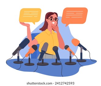 Girl gives interview concept. Woman sitting with microphones and answer to questions. Press conference and public speaking. Young girl with journalists. Cartoon flat vector illustration