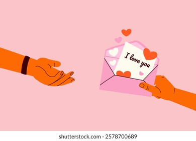 A girl gives a love letter to a man. Romantic concept. Happy Valentine's Day. Vector illustration of envelope mail correspondence. Love message symbol For poster, greeting card invitation flyer banner