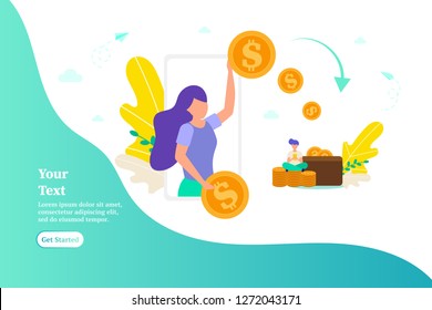 Girl gives money, pays for work, concept of paying online, payments, giving money, vector illustration for web, ui, landing page, flyer, poster, banner.