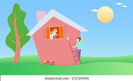 Girl gives sanitizer to boy by keep social distance to prevent from COVID-19 virus paper cut style illustration vector