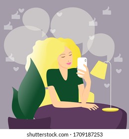 Girl gives a selfie on a smartphone. A blogger or opinion leader is at home, an illustration of self-isolation and quarantine. In the worst plan are symbolic signs of likes and messages.