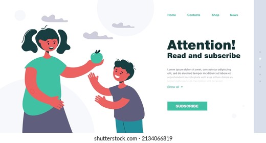 Girl giving apple to little boy, sharing food to friend. Cute child holding fruit in hand flat vector illustration. Friendship, childhood concept for banner, website design or landing web page