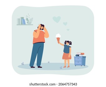 Girl giving big ice cream in waffle cone to upset mother. Daughter showing love to parent flat vector illustration. Family relationship and support concept for banner, website design, landing web page
