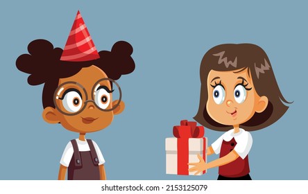 
Girl Giving a Birthday Gift to her Friend Vector Cartoon Illustration. Happy best friends celebrating anniversary together 
