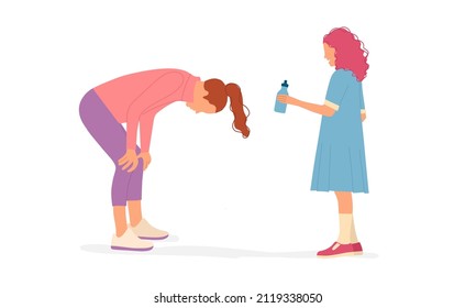 Girl giving a bottle of water to an athlete. Mother and daughter, sisters. Color vector illustration.