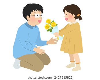 A girl giving a bouquet of flowers on Father's Day