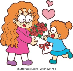 A girl is giving a bouquet of roses to her mother