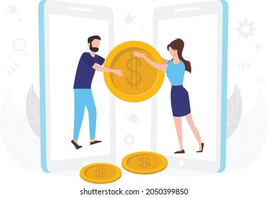 A girl giving dollar coin to a boy online.