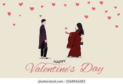 A girl giving a flower bouquet to his boyfriend and taking a picture in a Valentines day. Asian young lovely couple vector illustration.