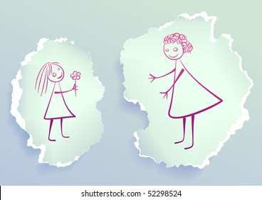 Girl giving flower to her mom, drawing on torn paper, vector illustration