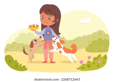 Niña dando comida a feliz perro callejero ilustración vectorial. Caricatura adorable escena del paisaje veraniego con niños sosteniendo placa con huesos para alimentar mascotas que saltan, adorables voluntarios alimentando animales sin hogar