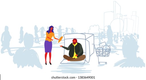 girl giving food to poor man sitting in cardboard box on street out from crowd begging for help beggar homeless feeding concept horizontal sketch doodle