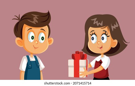 
Girl Giving a Gift to a Boy Vector Cartoon Illustration. Funny children exchanging presents for holidays
