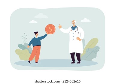 Girl giving gold coin to doctor flat vector illustration. Patient paying therapist for appointment, treatment or home visit. Health care cost concept for banner, website design or landing web page