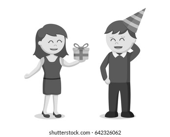 girl giving her boyfriend birthday present black and white style