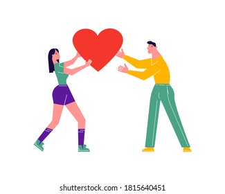 Girl giving her heart, man taking heart as a sign of connection and unity. Woman sharing love, support, appreciation to man. Love and relationships concept. Flat Art Vector Illustration