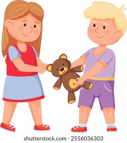 Girl giving her teddy bear to a boy, illustrating the values of sharing, friendship, kindness, and generosity among children, fostering emotional intelligence and social skills