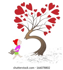 girl giving kiss the tree with love