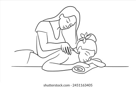 Mädchen gibt Massage isoliert auf weißem Hintergrund. Entspannen Sie Linie Art Zeichnung. Vektorillustration