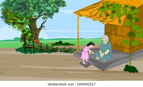 The girl is giving medicine to an old woman sitting on the porch of the house - illustration