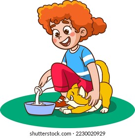 girl giving milk to kitten cartoon vector