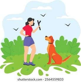 Girl Giving Motivating operations Training to Dog concept, Puppy getting positive reinforcement instruction vector design, Pet foster hotel Symbol, kennel animals Human-animal interaction illustration