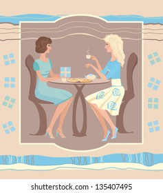 Girl giving present to another girl in cafe. Vector
