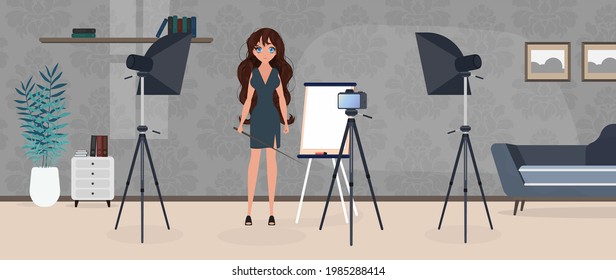 The girl is giving a presentation in front of the camera. The teacher conducts a lesson online.